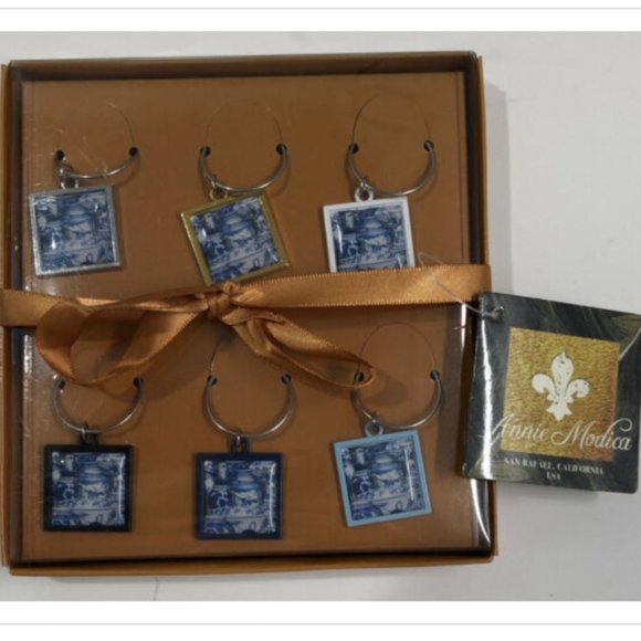 Annie Modica Wine Charms, Imari Blue Pattern - Picture 1 of 6